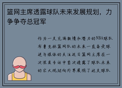 篮网主席透露球队未来发展规划，力争争夺总冠军